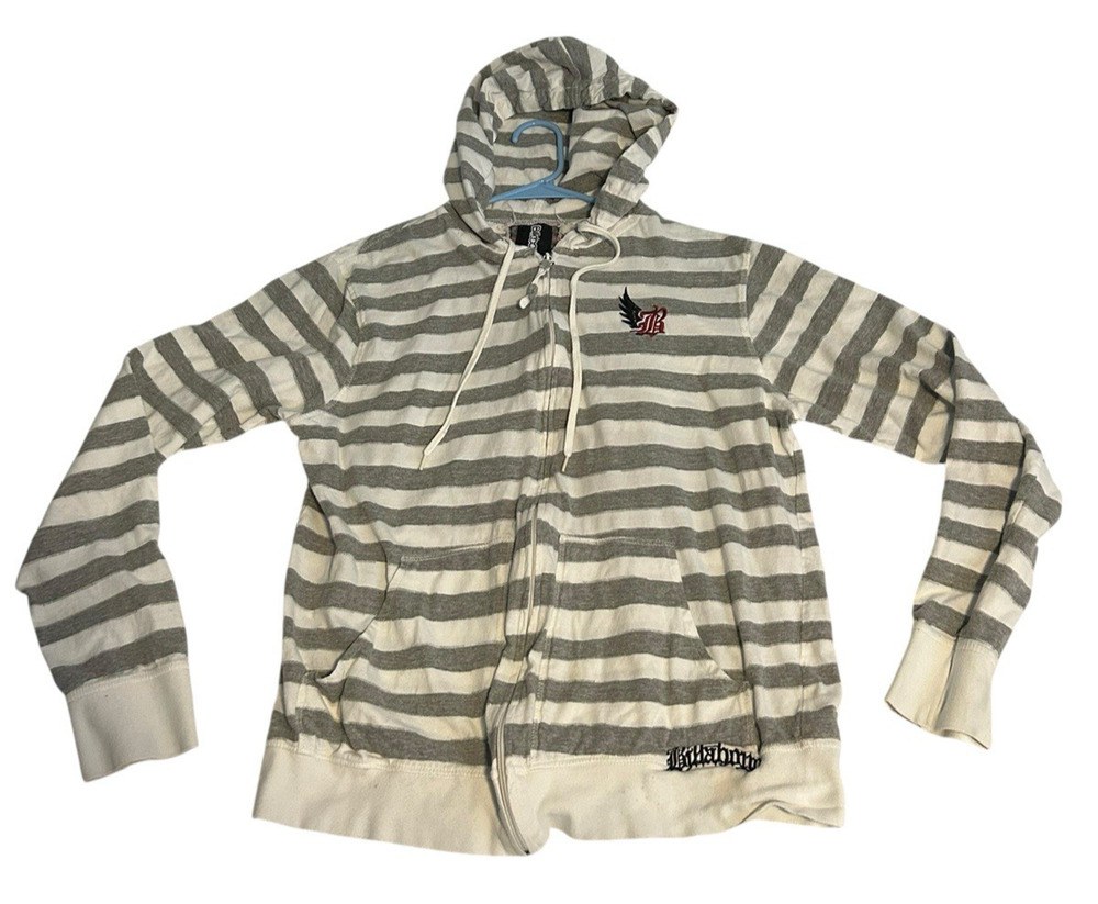 Y2K Vintage Billabong White w/Gray Stripes Zip Up Hoodie Size L Embroidered Logo
